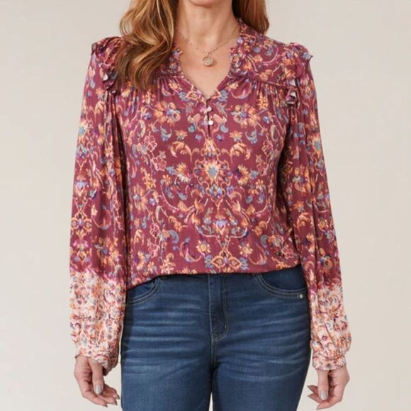 Democracy Floral Blouson Long Sleeve Ruffle Shoulder Vneck Top NEW - Picture 1 of 13